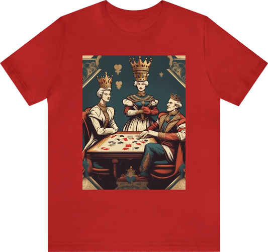 Create an illustration in retro style  of the spade king sitting on table playing cards with the queen