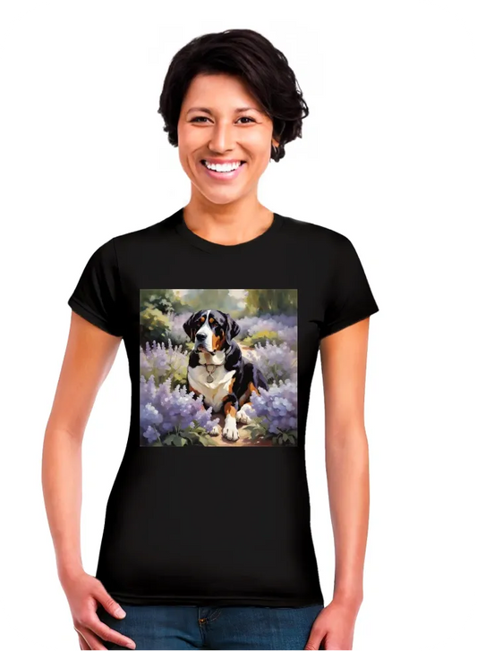 Adult great swiss mountain dog  sitting in garden with lavender and hydrangea flowers