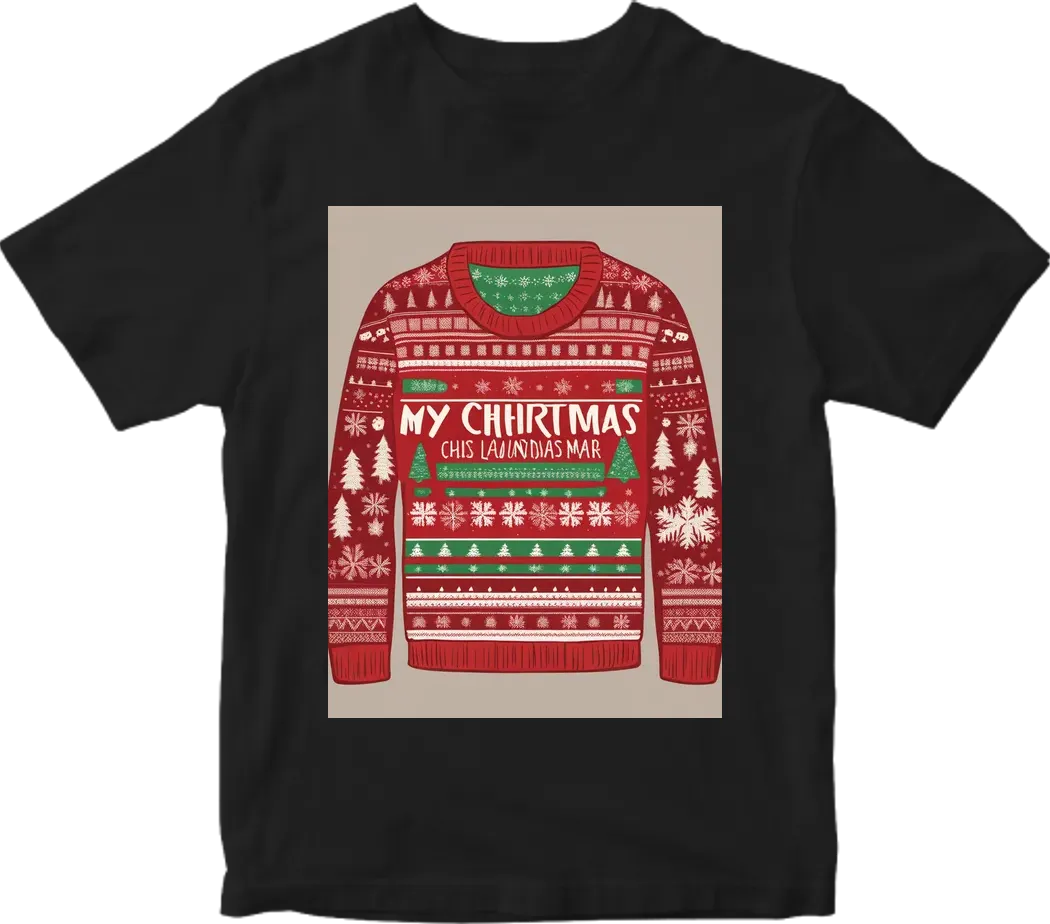 Create me a ugly christmas sweater design with the text saying "My Ugly Christmas Sweater is in the laundry"