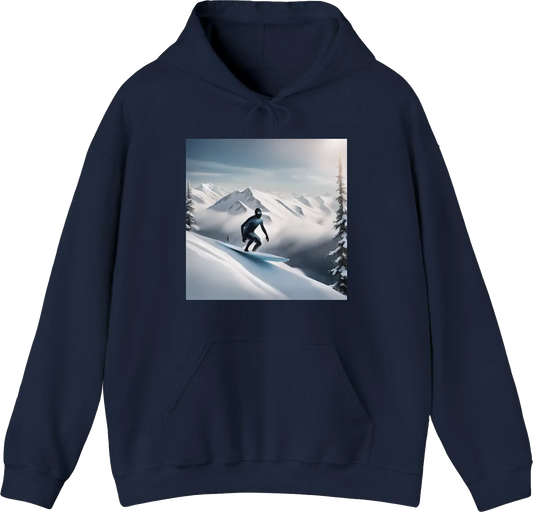 A surfer on snow mountains going downhill