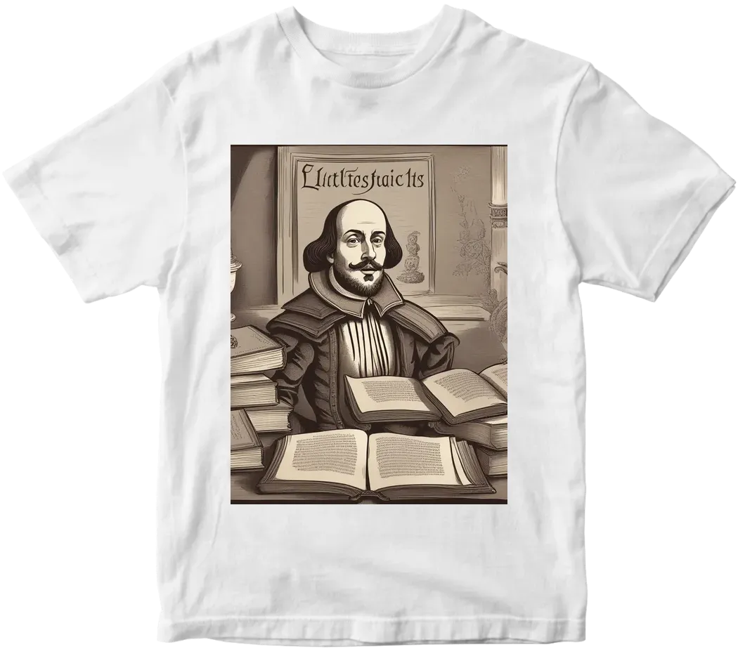 Literary society named “LITMATICS” with a funny cartoon of shakespeare and text