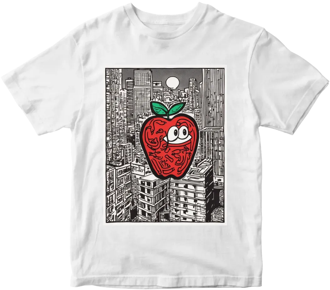 Big red apple, new york city background,  art by keith haring