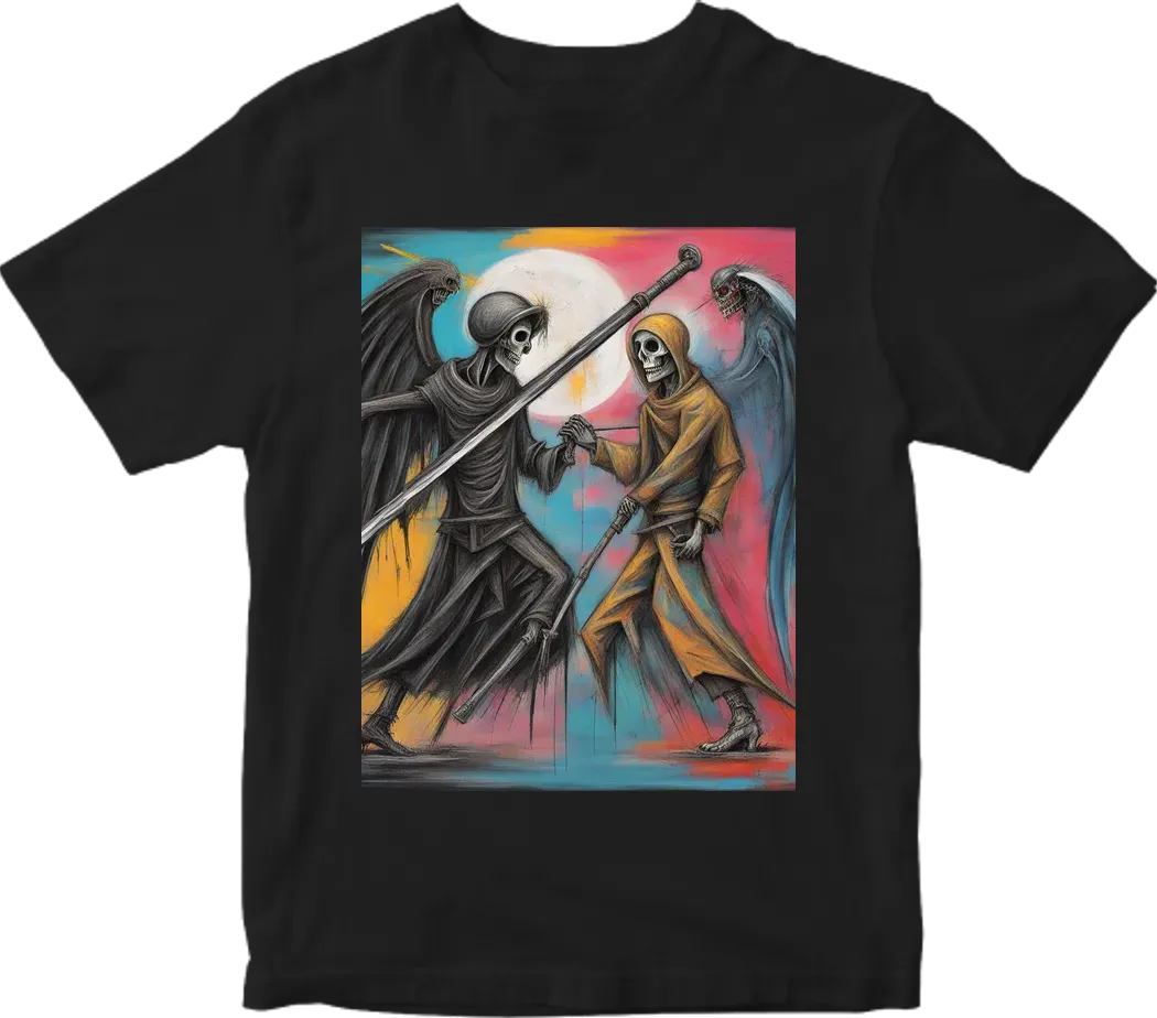 Angel wielding holy cross vs grim reaper wielding scythe facing each other in combat using with ying yang symbol