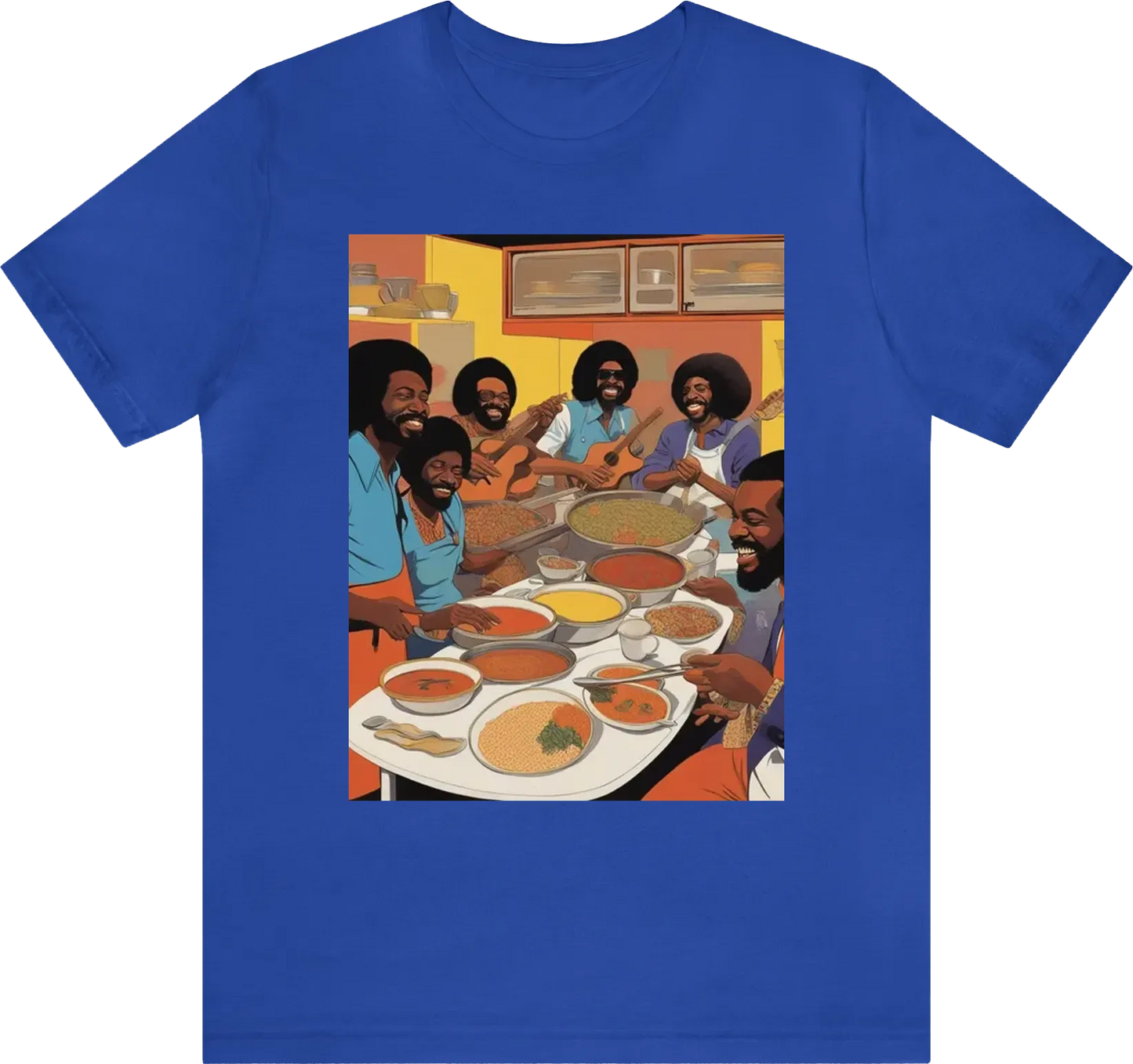 A 1970s album cover for a funk band. art work is themed around a soup kitchen. no text