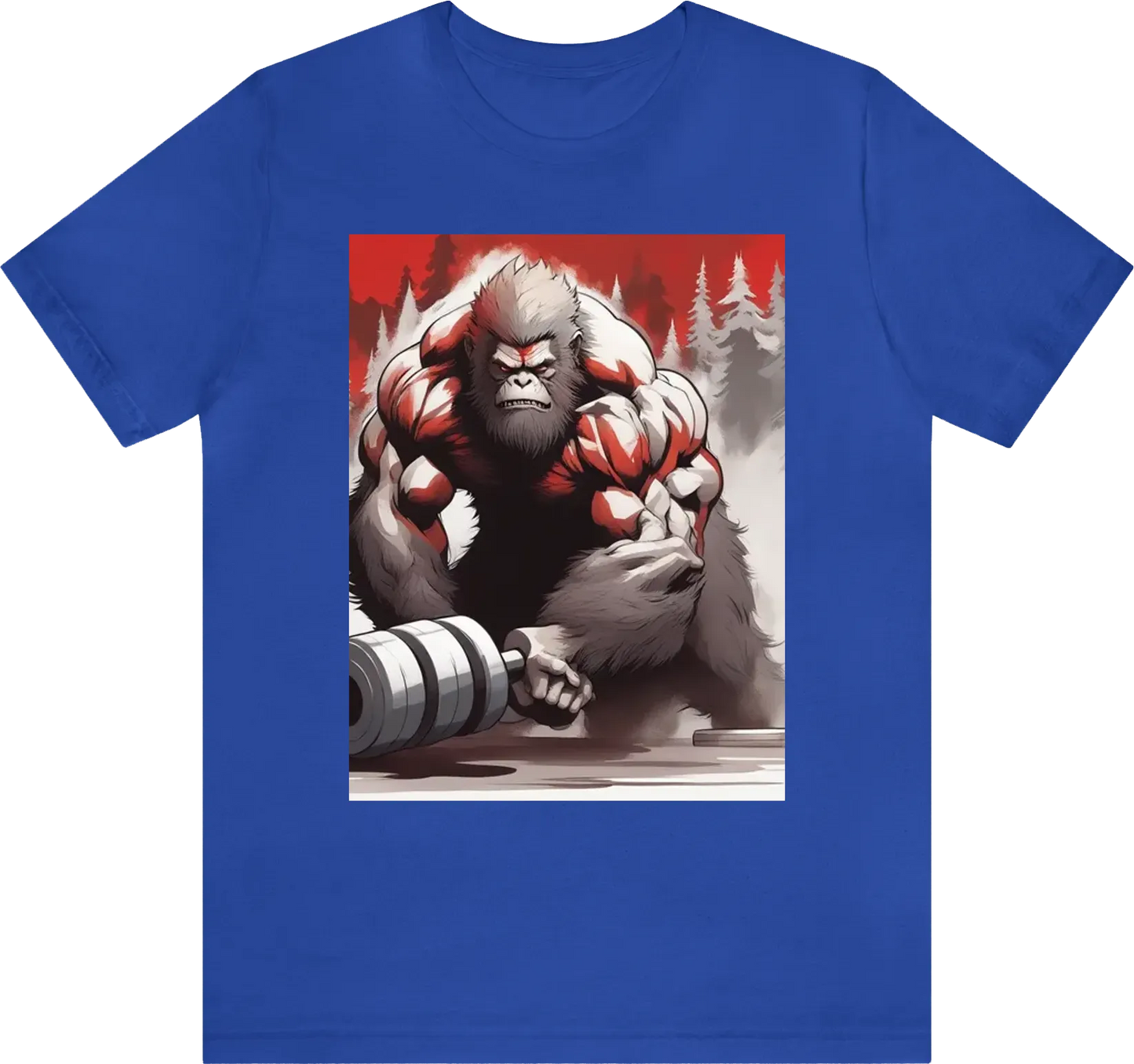 Sasquatch curling a dumbell showing his big bicep cartoon style