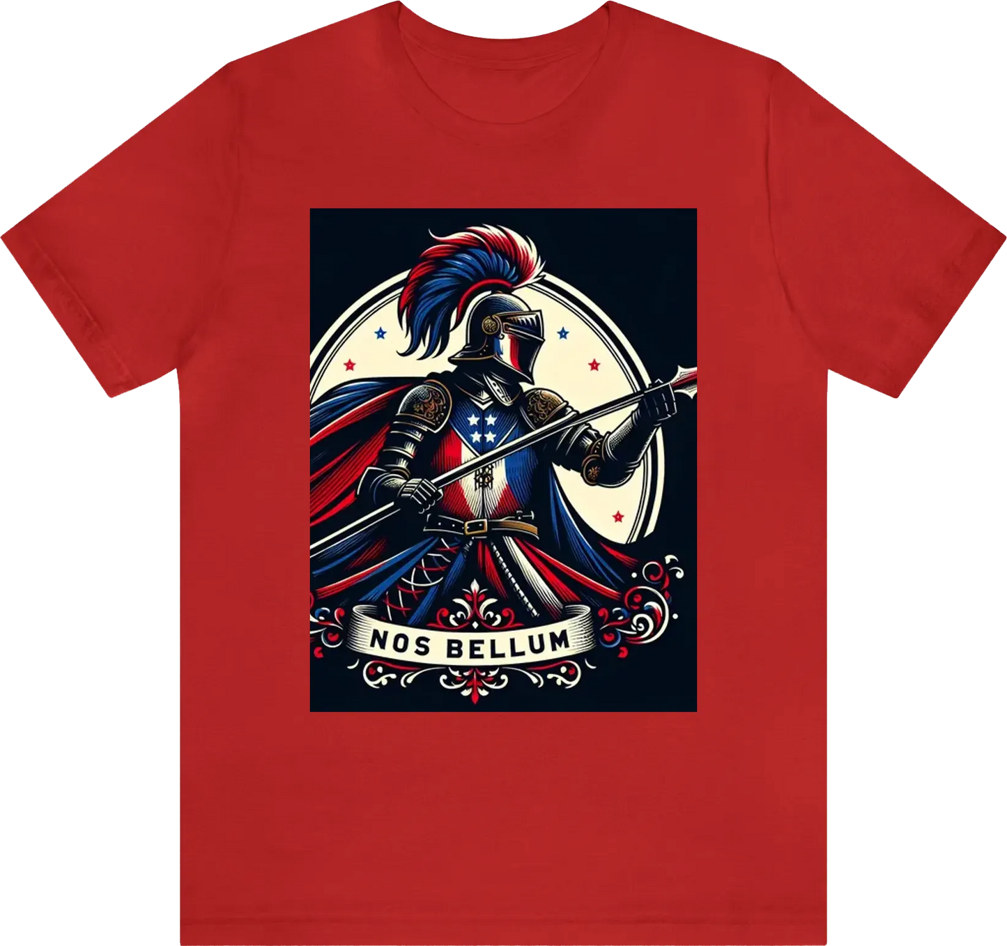 A silhouette of a knight throwing a javelin at an enemy while wearing red/white/blue clothing with anoverall theme of Red and gold using ornate designs to make this the most regal shirt ever created. USE "NOS BELLUM" in the artwork. Reduce the background