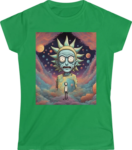 Rick and morty in a design that draws inspiration from jhonen vasquez and kentaro miura, with a color palette influenced by hirohiko araki, and a visual aesthetic inspired by the trippy style of alex grey, קליפות