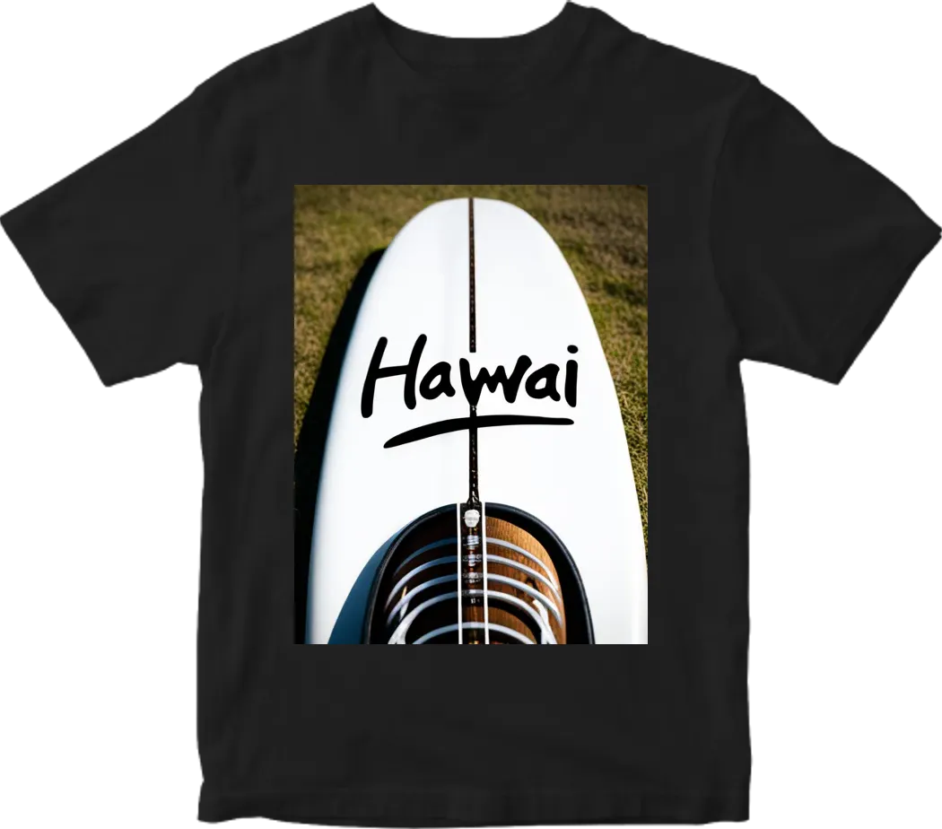 Surf board with “hawaii” written in a stylish font and palm trees on the back