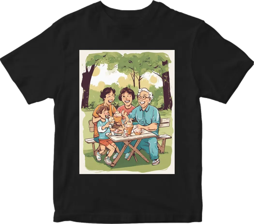Wholesome ice cream family, wholesome style, heartwarming mood, gentle sunlight, generations sharing laughter and sundaes around a picnic table. T-shirt design graphic, vector, contour, white background.