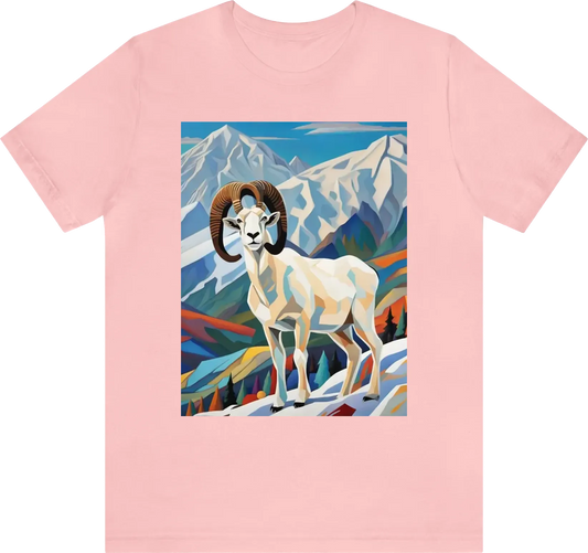Make a picture of a 44 inch horn dall sheep on a snowy mountain with Mt Denali in the background. make this just a bit futuristic