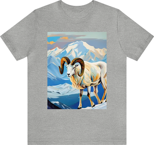 Make a picture of a 44 inch horn dall sheep on a snowy mountain with Mt Denali in the background. print Denali, Alaska under the sheep image