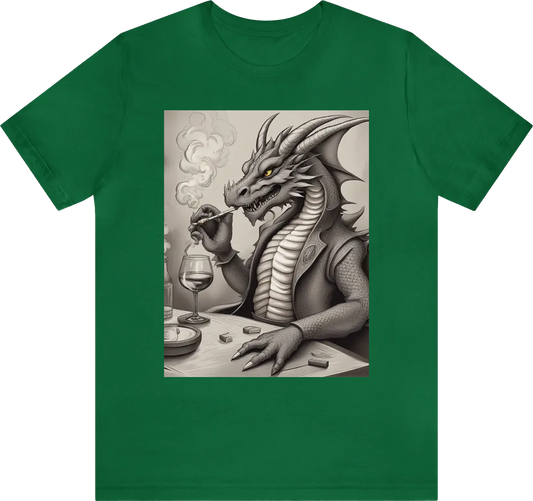 A dragon smoking cigars and drinking whiskey