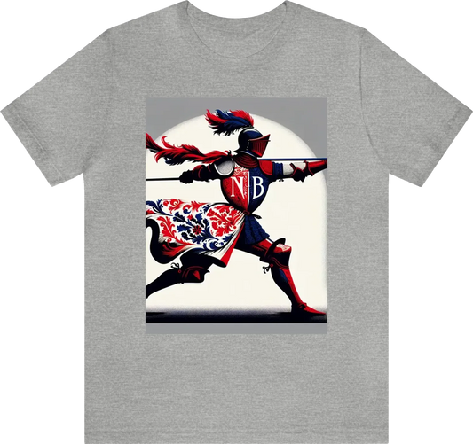 A silhouette of a knight throwing a javelin at an enemy while wearing red/white/blue clothing with anoverall theme of Red and gold using ornate designs to make this the most regal shirt ever created. USE "NB" and "NOS BELLUM" in the artwork.