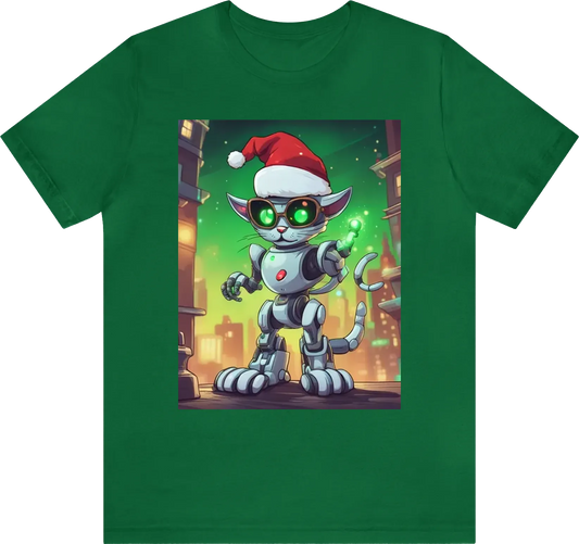 A mischievous robot cat with glowing green eyes and a santa hat tilted at an jaunty angle