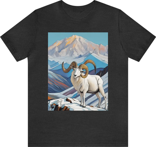 Make a picture of a 44 inch horn dall sheep on a snowy mountain with Mt Denali in the background. make this just a bit futuristic