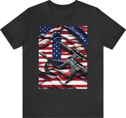 A usa flag in front of a rifle