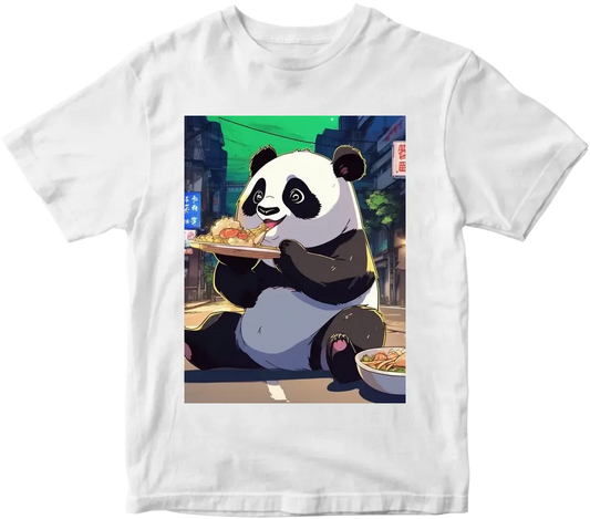 Anime panda eating foods on street by night back ground people take picture & seeing