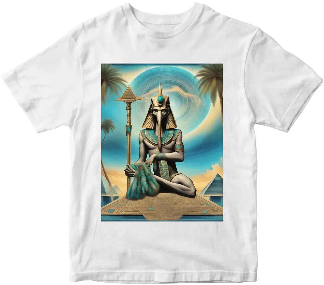 Thoth the atlantian in cosmic setting with Pyramids and palm tress and a touch of turquoise blue