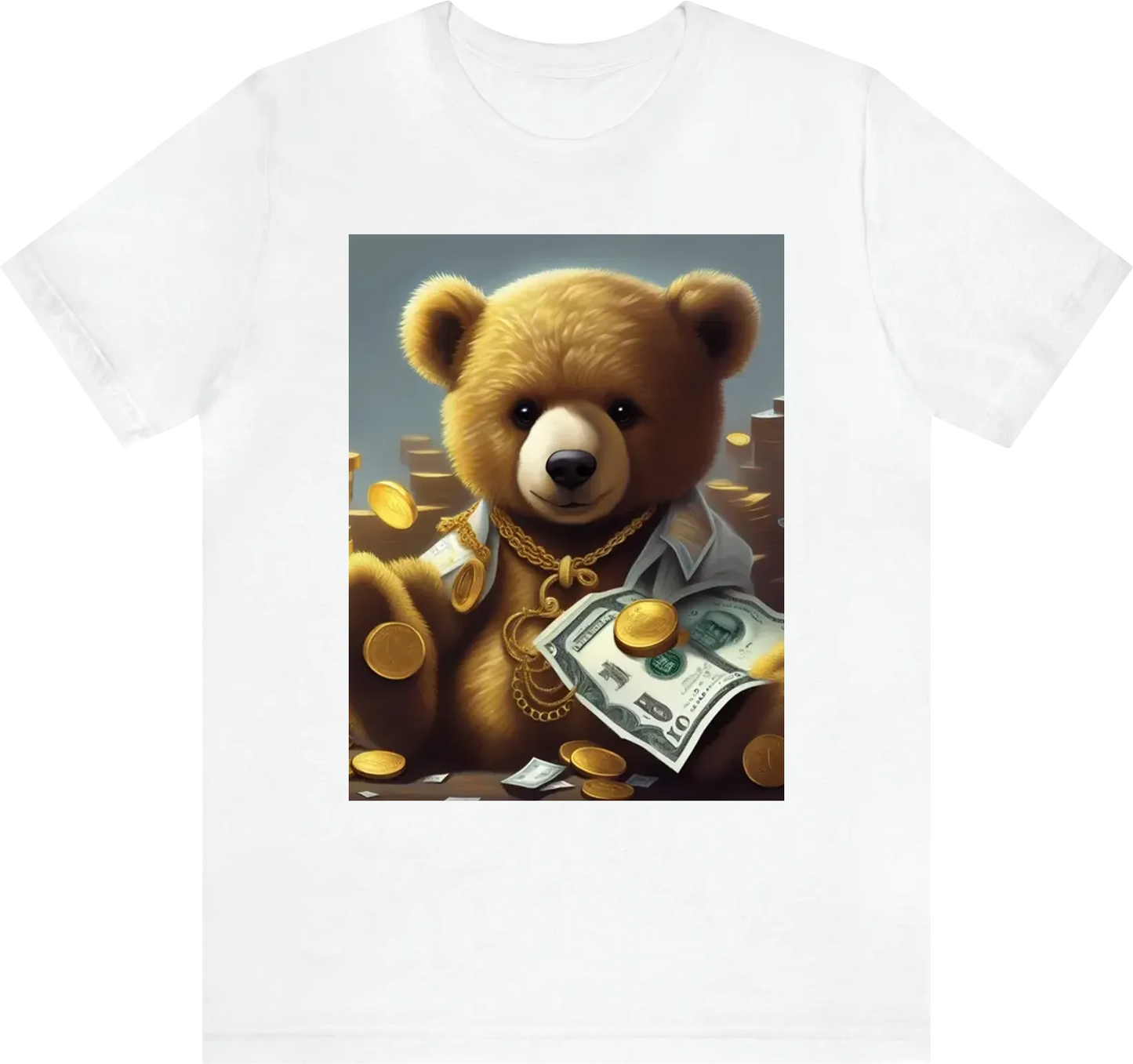 Teddy bear with money wearing some gold jwellery and looking cool