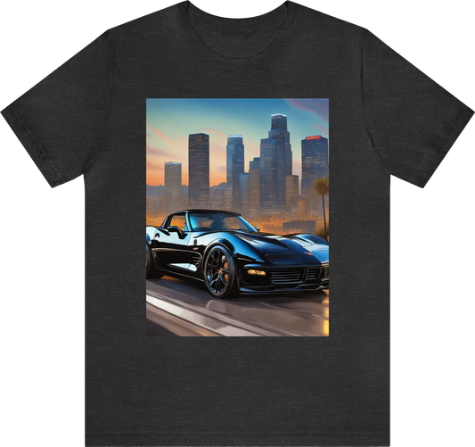 Lowered 2023 black chevy Corvette on shiny chrome rims with the downtown los Angeles skyline, comic 8k, 4k