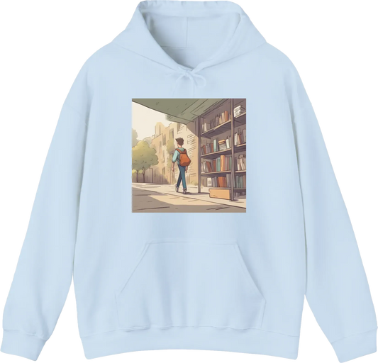 Cartoon images with text of a college boy walking nonchalantly for classes while sighinh