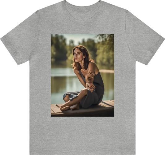 Portrait in color of a 35 years old beautiful girl with medium brown hair, sitting in front of a lake on a very hot sommer day, looking very very sad, looking straight in the camera, Unreal Engine, cinematography, editorial photography, megapixel photogra