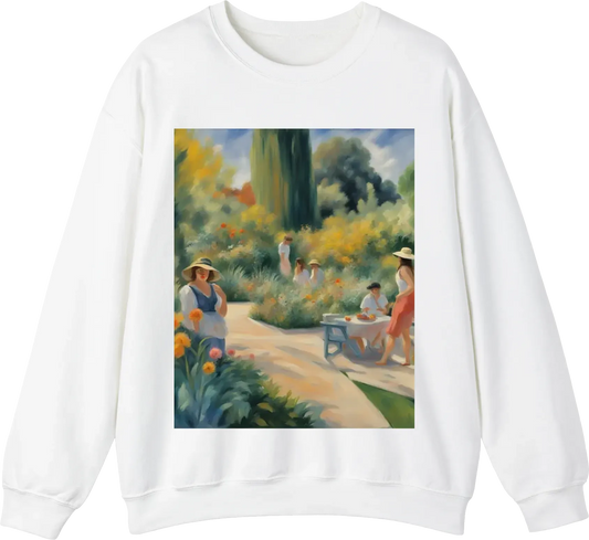 A hyper realistic impressionist paintings of a beautiful millennials contemporary garden in the style of Pierre-Auguste Renoir, visible brushstrokes, rough shading, visual intensity, emotional intensity, vivid, insanely beautiful, very stylish, solid tast