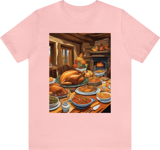 Be as specific and descriptive as possible. a huge Thanksgiving table with tons of food  in a cozy cabin with a fireplace on with no people,  illustration, 8k