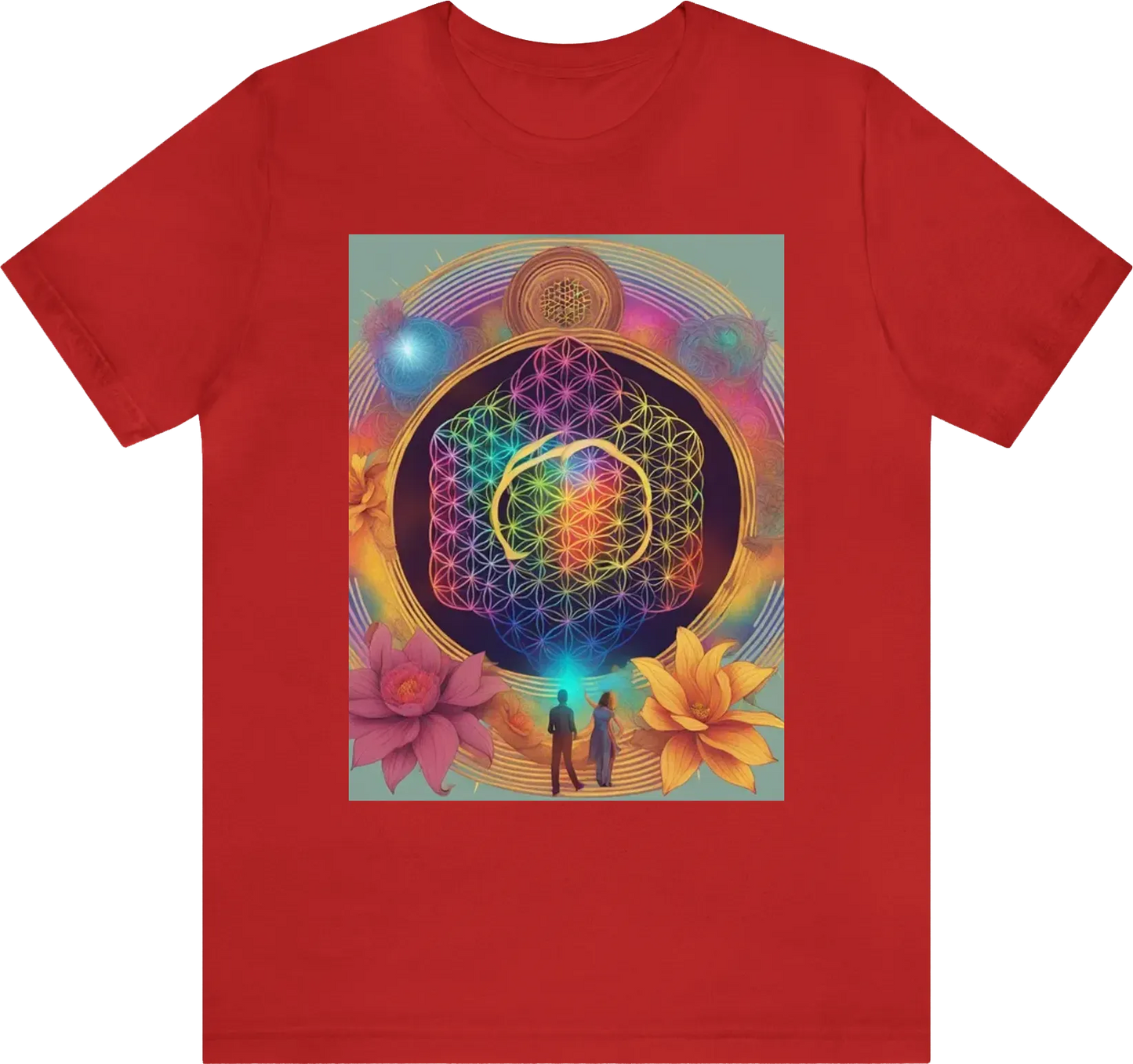 In the centre of the tshirt feature the flower of life in colour with a human stood verically threw the flower of life with a radiant light coming from the chest of the human surrounded by the 7 charakas in neon colour