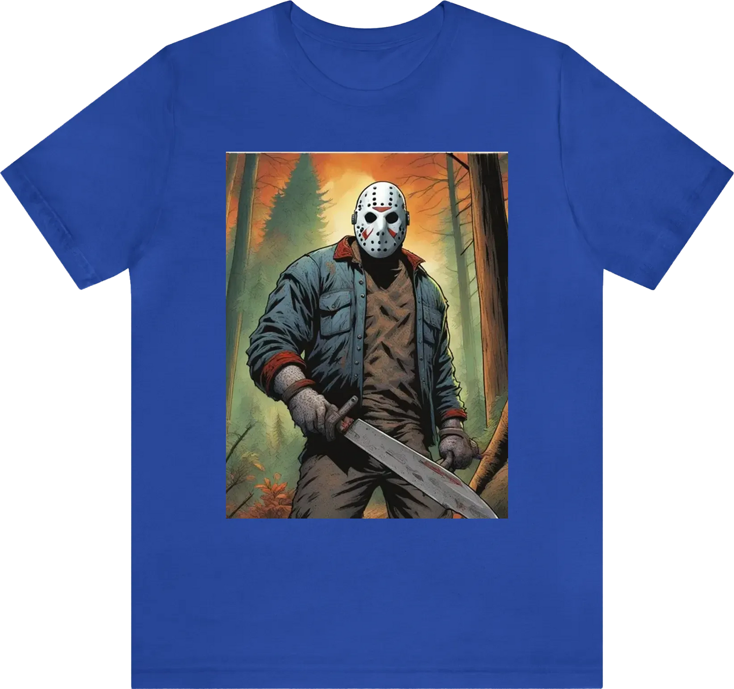 Be as specific and descriptive. Jason voorhies standing in the forest with a machete, illustration,  comic, 8k