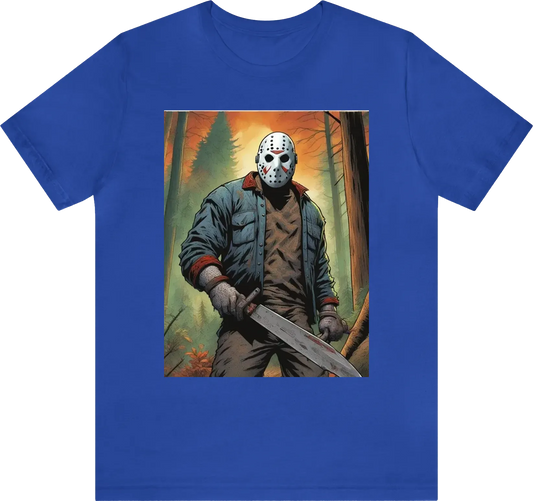 Be as specific and descriptive. Jason voorhies standing in the forest with a machete, illustration,  comic, 8k