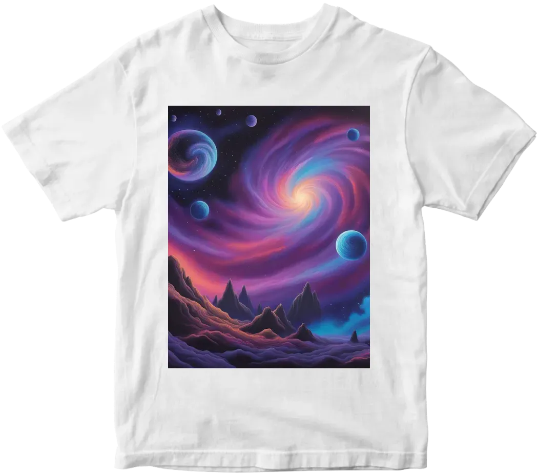 Blacklight painting of a galaxy scene, complete with swirling nebulas and stars that glow under UV light.