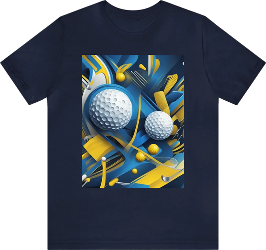 Golf ball, golf stick, tee, pin, golf cap, glove, blue & yellow combining color with abstract and futuristic design