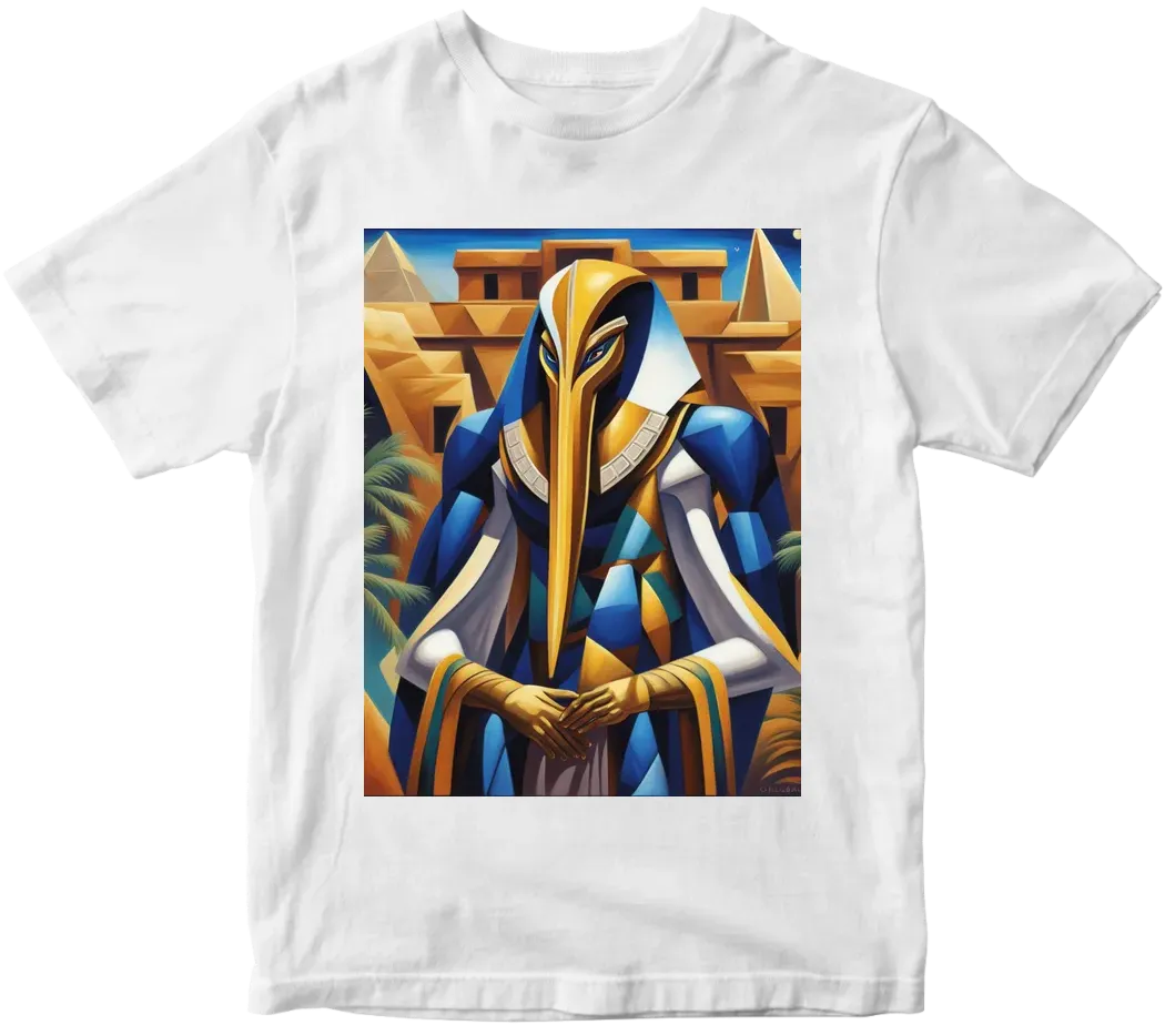 Thoth the atlantian with black finished beak dressed in armor  in realistic cosmic deep space setting over looking the building of the pyramids with Pyramids and palm tress and a touch