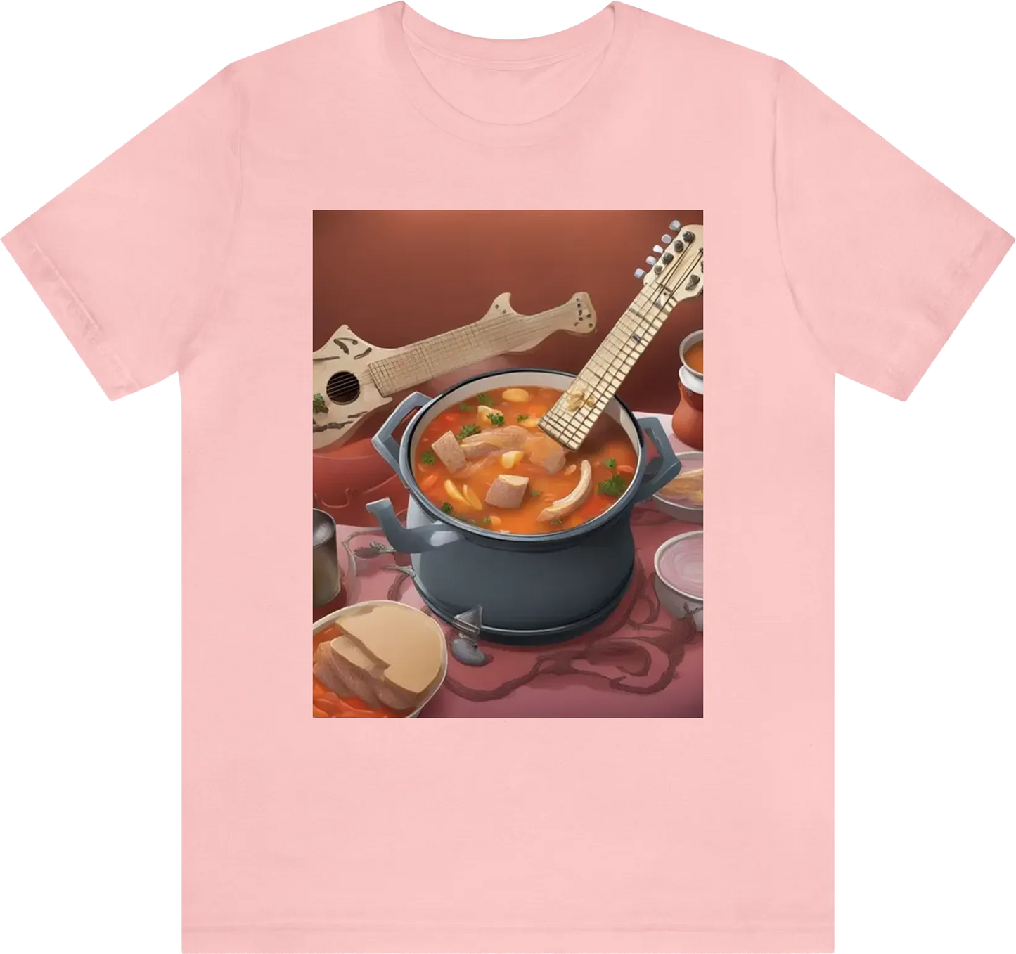 A pot of food with a guitar neck emerging from the soup. nothing else in the image just the pot soup and guitar neck