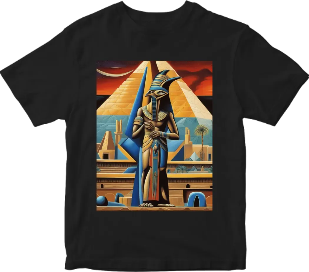 Thoth the atlantian with black finished beak dressed in armor  in realistic cosmic deep space setting over looking the building of the pyramids with Pyramids and palm tress and a touch