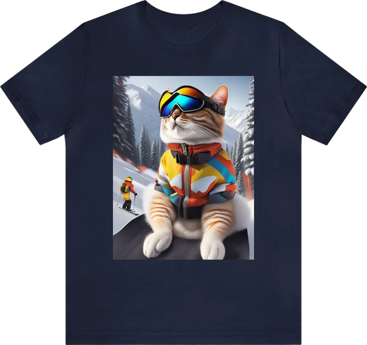 A cat that skiing and wear ski clothes and helmet and glasses.