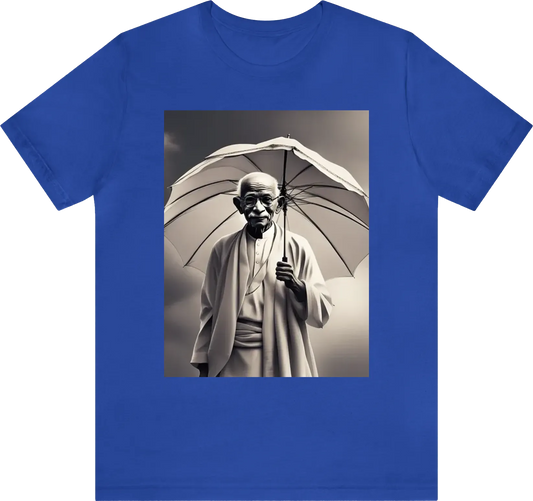 A picture of ghandi holding an umbrella