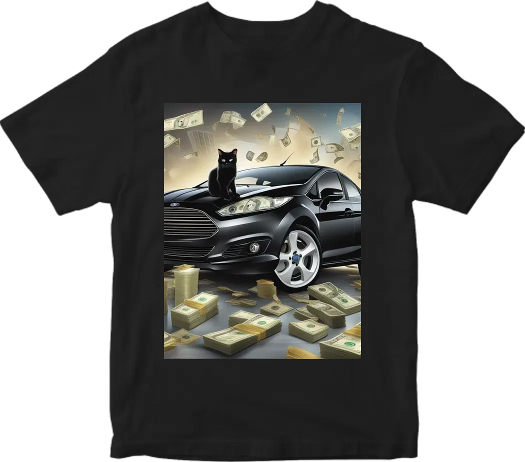 Ford fiesta sedan, black cat with money