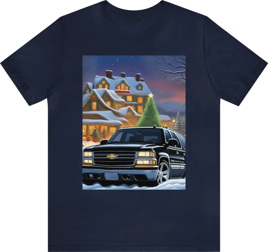 Be as specific and descriptive. black 2003 chevy Tahoe lowered on shiny rims driving with a Christmas scenery in the background a full image of scenery. comic, , 8k