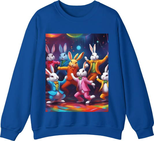 A group of rabbits having a dance party, wearing disco outfits and grooving to the music.