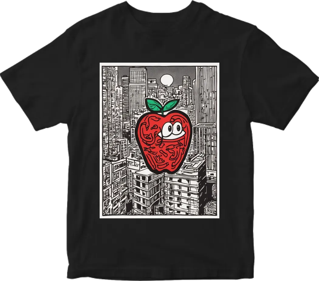 Big red apple, new york city background,  art by keith haring