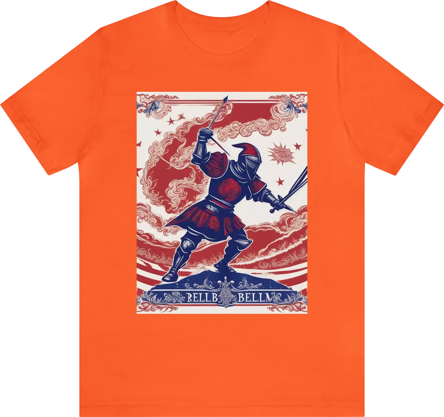 A silhouette of a knight throwing a javelin at an enemy while wearing red/white/blue clothing with anoverall theme of Red and gold using ornate designs to make this the most regal shirt ever created. USE "NOS BELLUM" in the artwork. Reduce the background