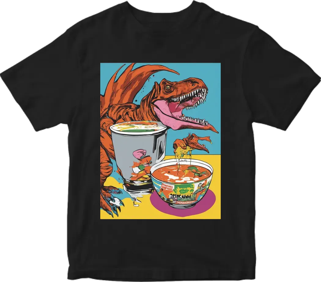 Andy warhole capmbell soup with dinosaur