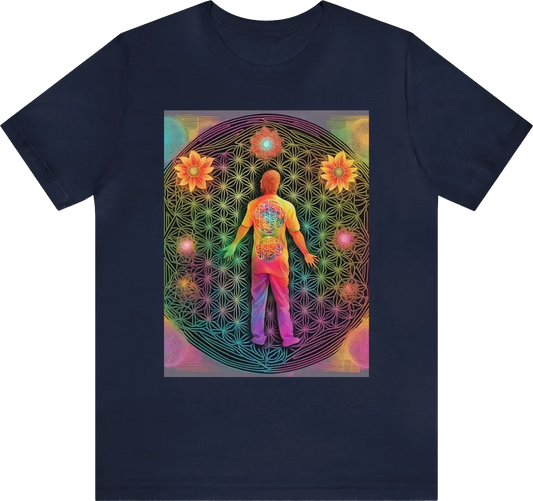 In the centre of the tshirt feature the flower of life in colour with a human stood verically threw the flower of life with a radiant light coming from the chest of the human surrounded by the 7 charakas in neon colour