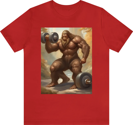 Sasquatch curling a dumbell showing his big bicep