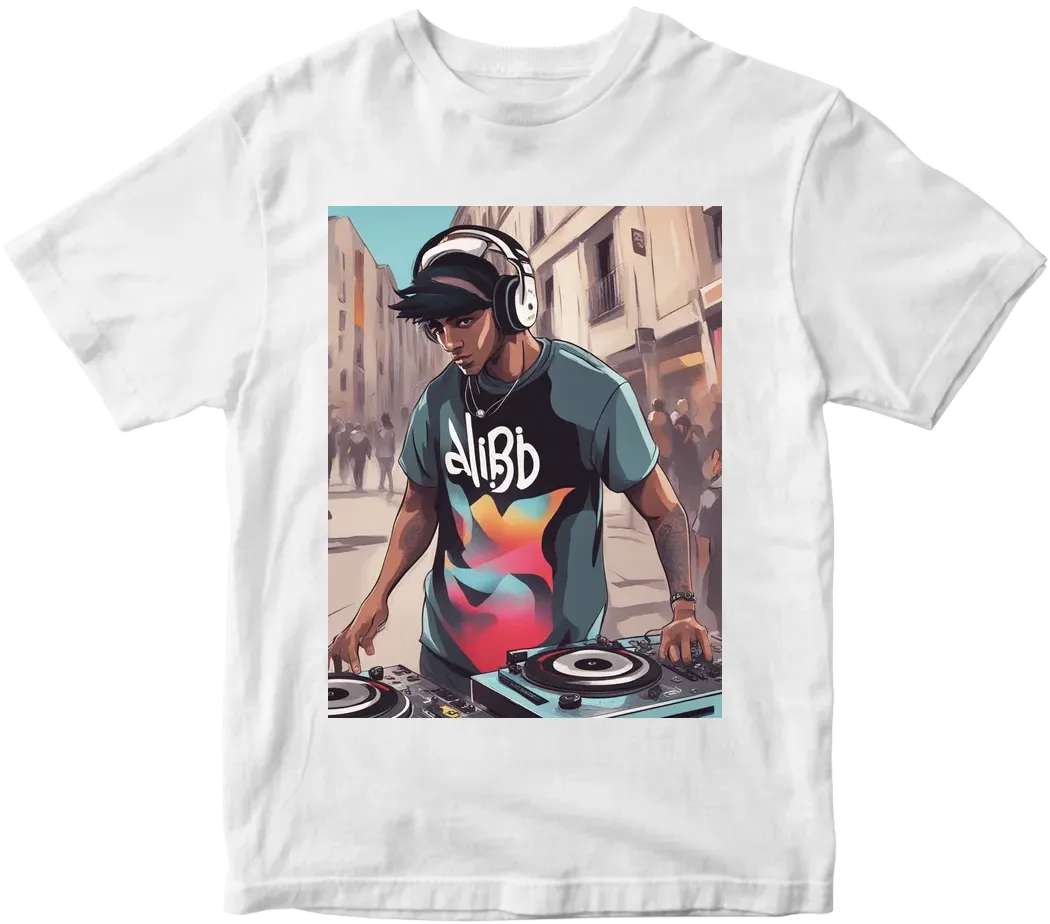 Generate a image of the name ALBI who is a dj. using a street style cloth where you can read the name