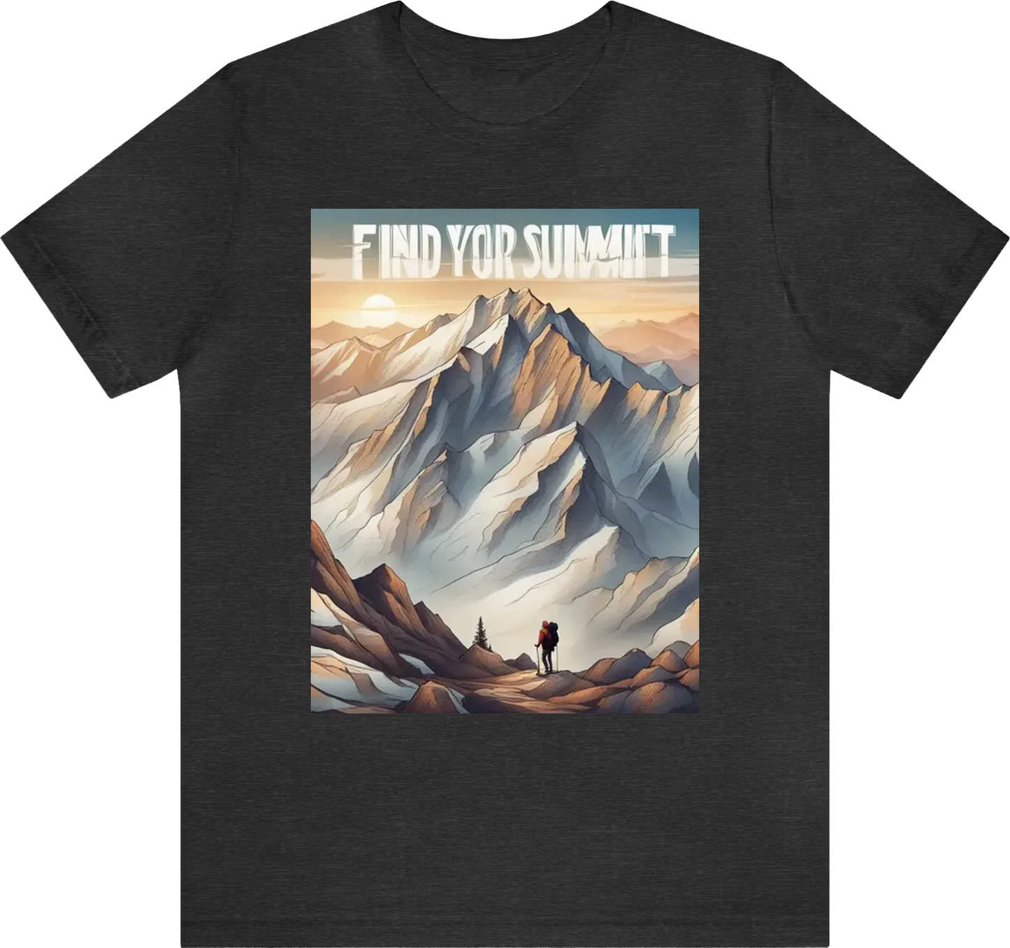featuring a breathtaking mountain range with the caption "Find Your Summit" for adventurous hikers and climbers.