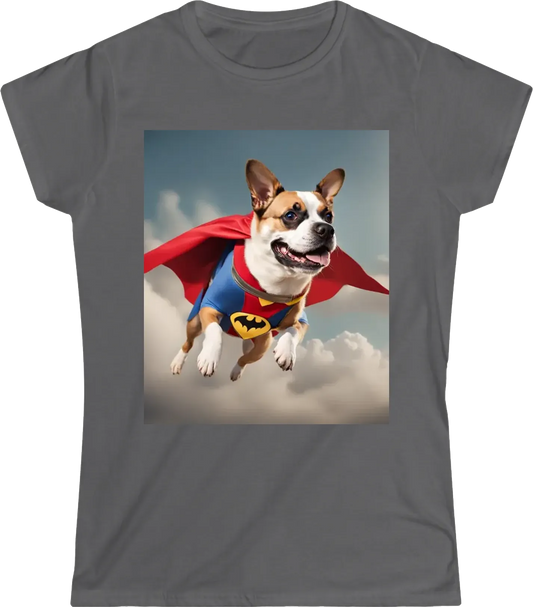 A dog dressed as a superhero, flying through the sky