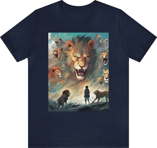 A man surrounded by lions looking to attack, hi-def anime one piece style.